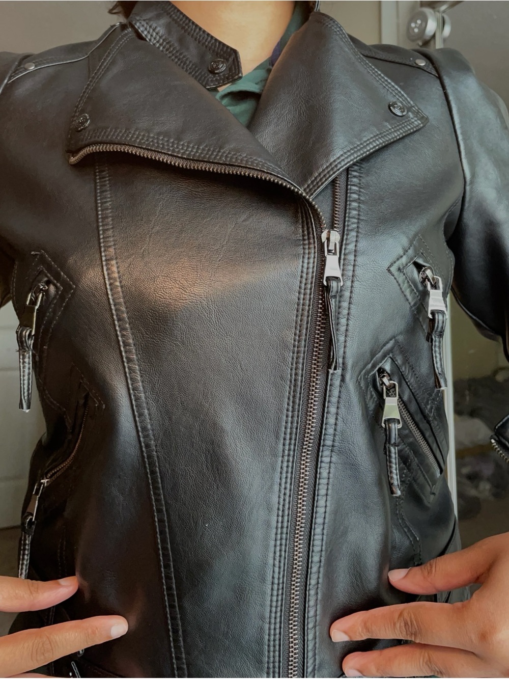 Womens Black Leather Jacket with Asymmetrical Zip